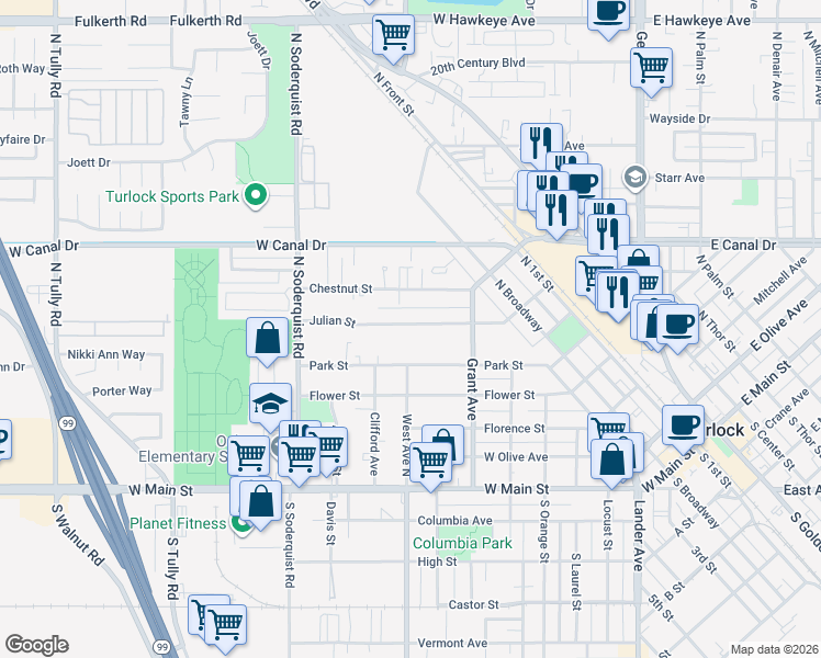 map of restaurants, bars, coffee shops, grocery stores, and more near 801 Park Street in Turlock