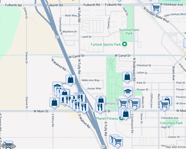 map of restaurants, bars, coffee shops, grocery stores, and more near 1941 Nikki Ann Way in Turlock
