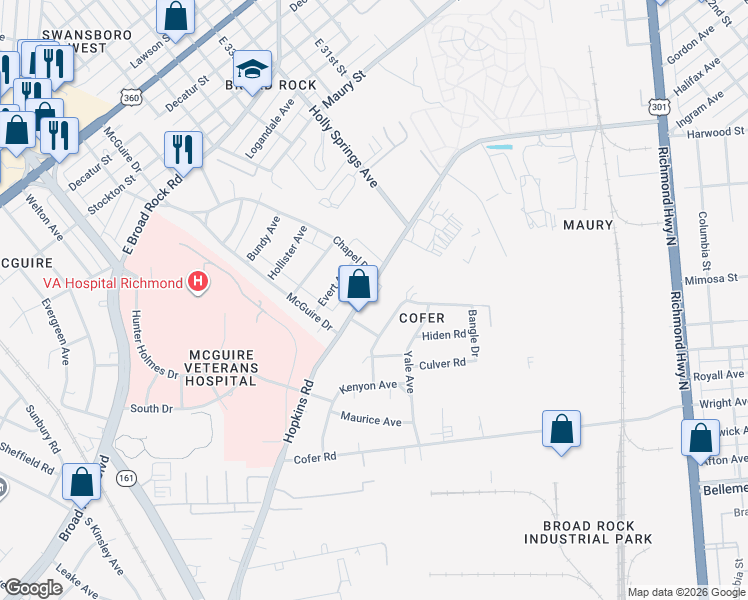 map of restaurants, bars, coffee shops, grocery stores, and more near 1473 Hopkins Road in Richmond