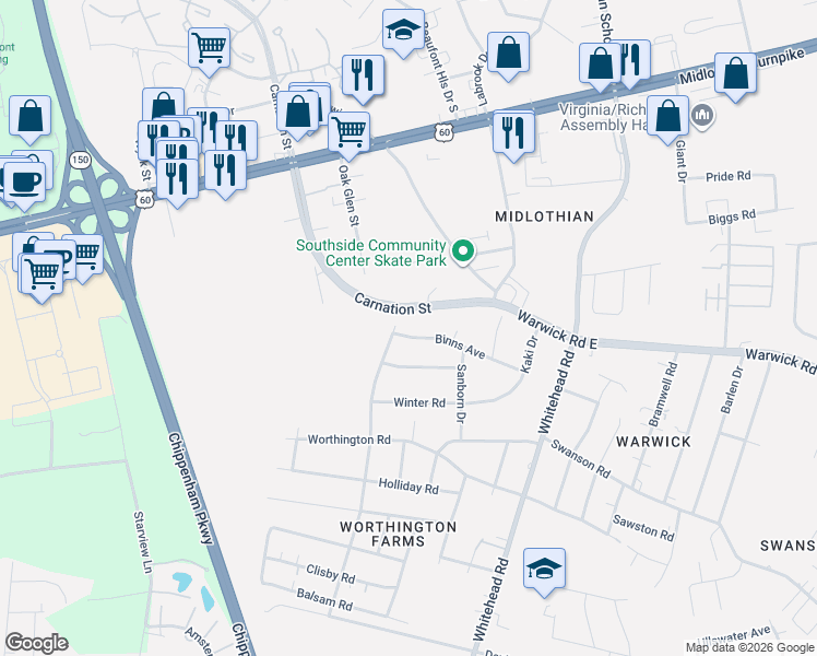 map of restaurants, bars, coffee shops, grocery stores, and more near 6401 Binns Avenue in Richmond