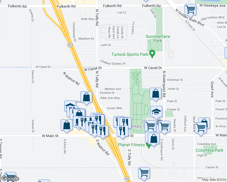map of restaurants, bars, coffee shops, grocery stores, and more near 500 North Tully Road in Turlock