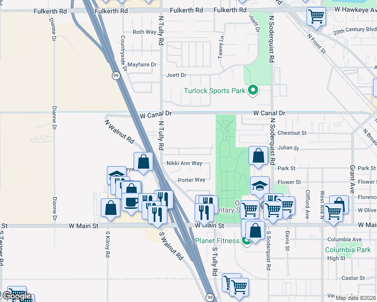 map of restaurants, bars, coffee shops, grocery stores, and more near 1941 Nikki Ann Way in Turlock