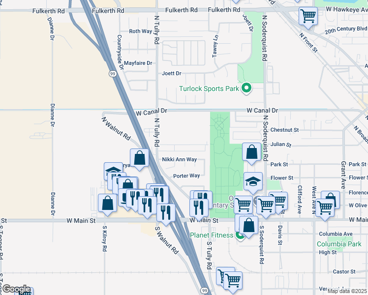 map of restaurants, bars, coffee shops, grocery stores, and more near 500 North Tully Road in Turlock