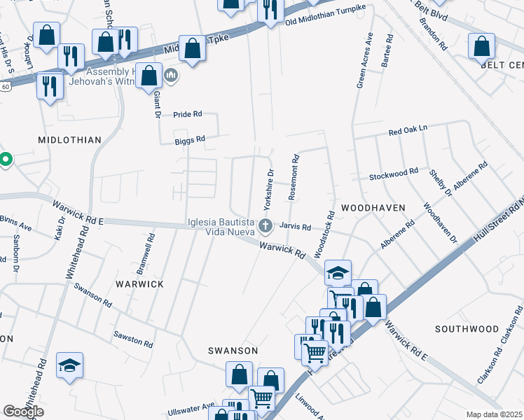 map of restaurants, bars, coffee shops, grocery stores, and more near 730 Yorkshire Drive in Richmond