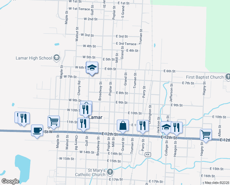map of restaurants, bars, coffee shops, grocery stores, and more near 800 Mill Street in Lamar