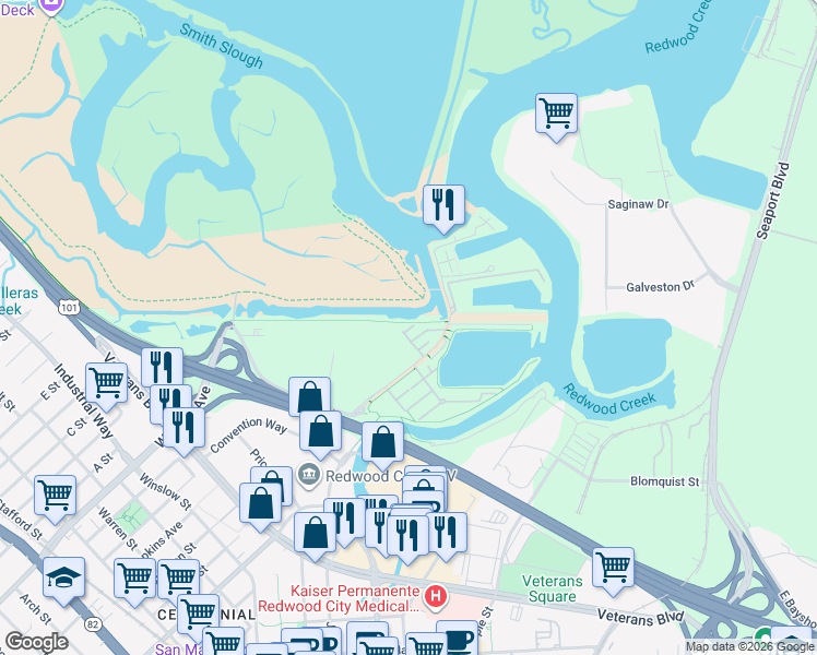 map of restaurants, bars, coffee shops, grocery stores, and more near McNeill Dr in Redwood City