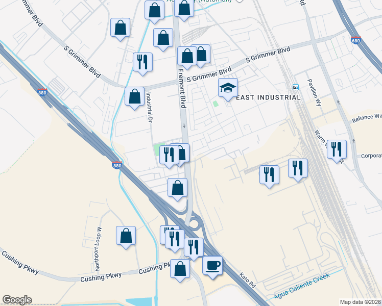 map of restaurants, bars, coffee shops, grocery stores, and more near 45200-45232 Fremont Boulevard in Fremont