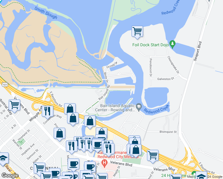 map of restaurants, bars, coffee shops, grocery stores, and more near 652 Bair Island Road in Redwood City
