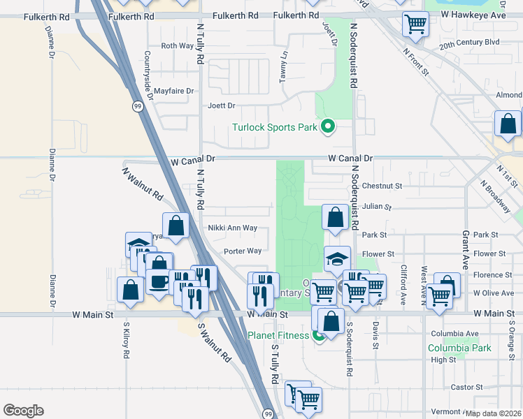 map of restaurants, bars, coffee shops, grocery stores, and more near Manton Avenue in Turlock