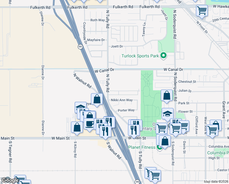 map of restaurants, bars, coffee shops, grocery stores, and more near 688-700 N Tully Rd in Turlock