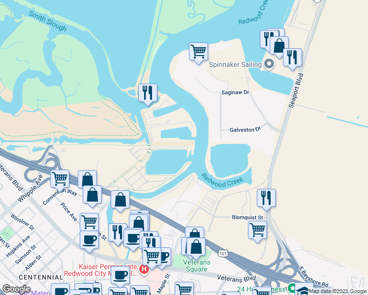 map of restaurants, bars, coffee shops, grocery stores, and more near 660 Sea Anchor Drive in Redwood City