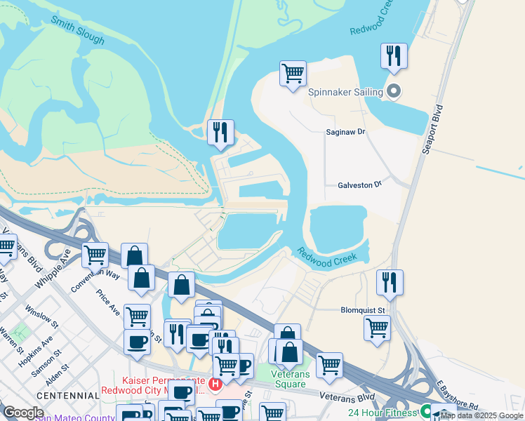 map of restaurants, bars, coffee shops, grocery stores, and more near 702 Bair Island Road in Redwood City