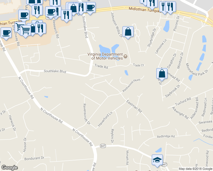 map of restaurants, bars, coffee shops, grocery stores, and more near 470 Eastman Road in Richmond