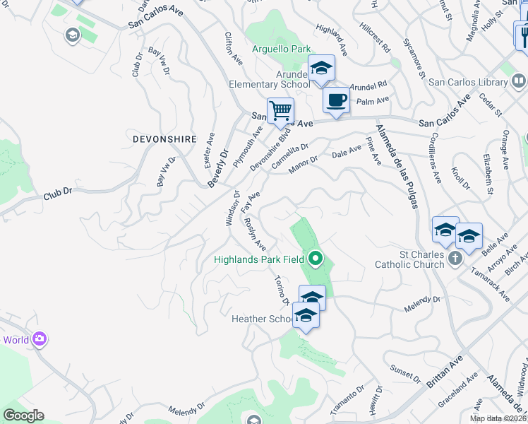 map of restaurants, bars, coffee shops, grocery stores, and more near 181 Coronado Avenue in San Carlos