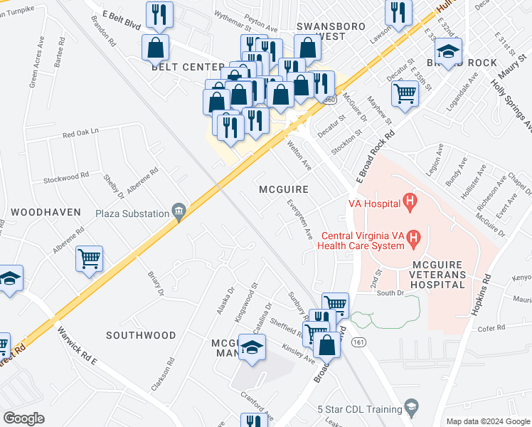 map of restaurants, bars, coffee shops, grocery stores, and more near 901 Pebble Court in Richmond