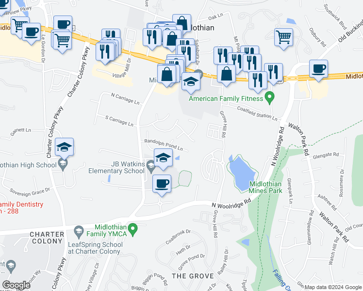 map of restaurants, bars, coffee shops, grocery stores, and more near 13736 Randolph Pond Lane in Midlothian
