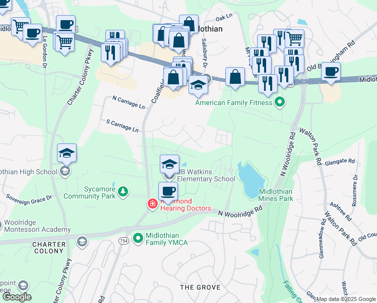 map of restaurants, bars, coffee shops, grocery stores, and more near 13736 Randolph Pond Lane in Midlothian