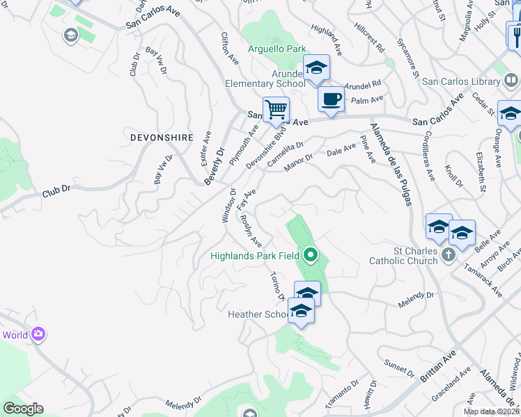 map of restaurants, bars, coffee shops, grocery stores, and more near 181 Coronado Avenue in San Carlos