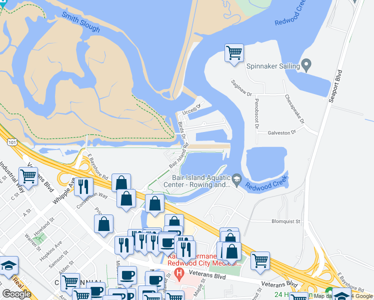 map of restaurants, bars, coffee shops, grocery stores, and more near 660 Sea Anchor Drive in Redwood City