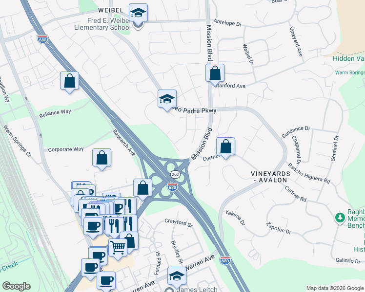 map of restaurants, bars, coffee shops, grocery stores, and more near 45988 Omega Drive in Fremont