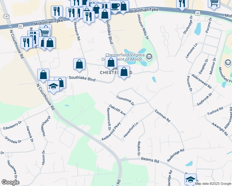 map of restaurants, bars, coffee shops, grocery stores, and more near 10860 Cardington Road in Richmond