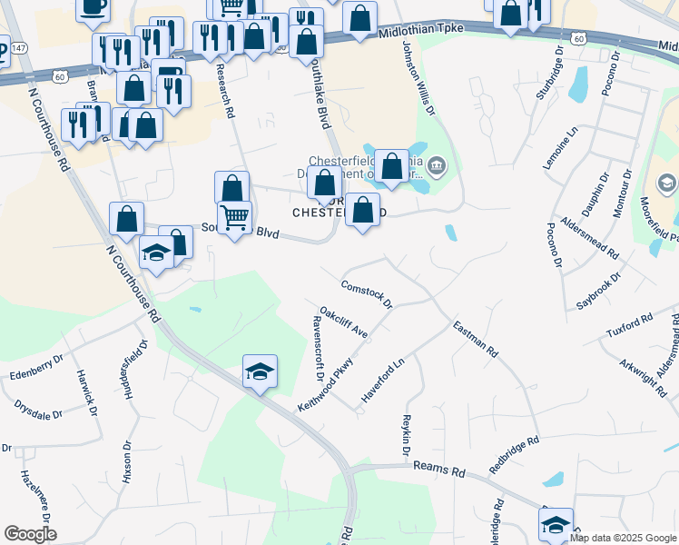 map of restaurants, bars, coffee shops, grocery stores, and more near 10860 Cardington Road in Richmond