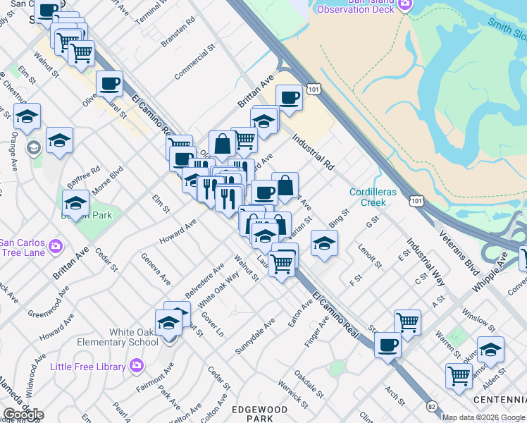 map of restaurants, bars, coffee shops, grocery stores, and more near 1401 Old County Road in San Carlos