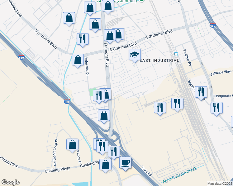 map of restaurants, bars, coffee shops, grocery stores, and more near Ambition Street in Fremont
