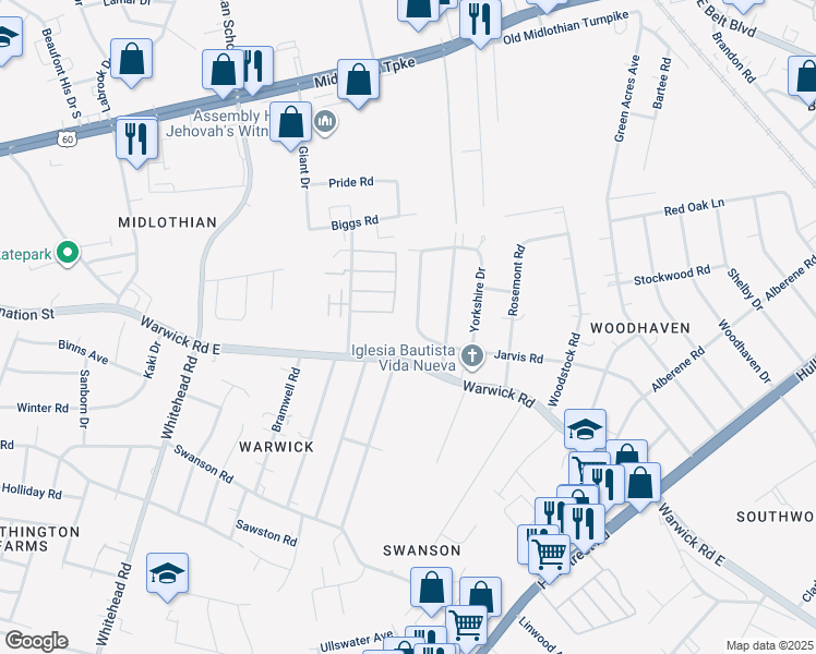 map of restaurants, bars, coffee shops, grocery stores, and more near 647 Effingham Drive in Richmond