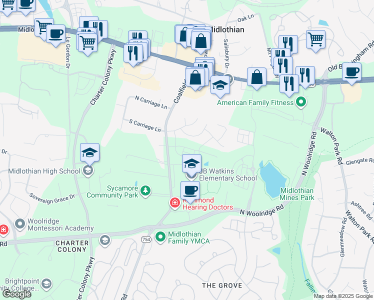 map of restaurants, bars, coffee shops, grocery stores, and more near 13749 Village Ridge Drive in Midlothian