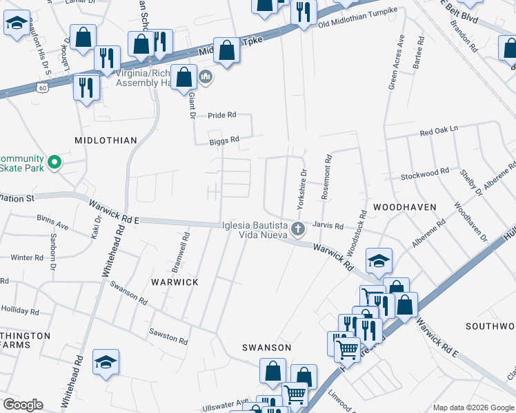 map of restaurants, bars, coffee shops, grocery stores, and more near 647 Effingham Drive in Richmond