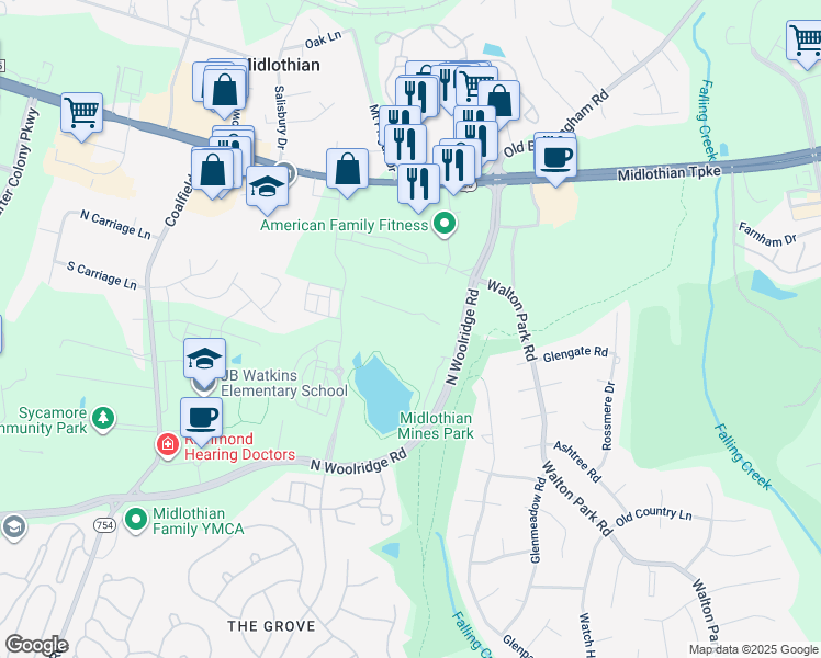 map of restaurants, bars, coffee shops, grocery stores, and more near 13100 North Woolridge Road in Midlothian