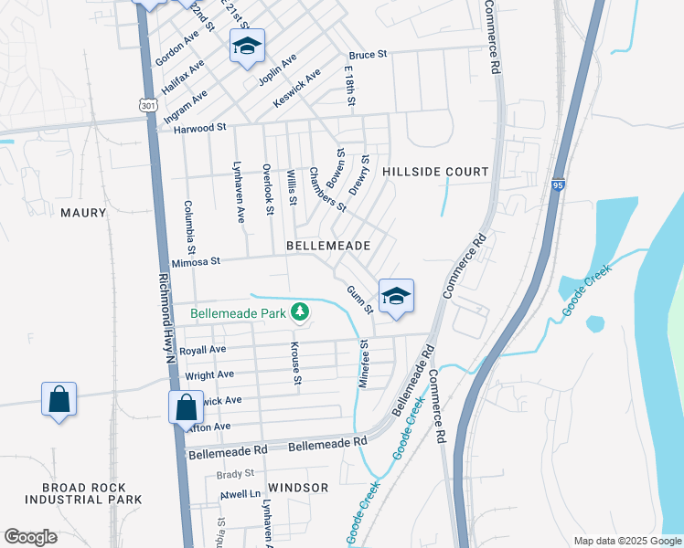 map of restaurants, bars, coffee shops, grocery stores, and more near 1619 Gunn Street in Richmond