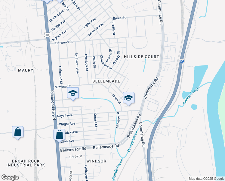 map of restaurants, bars, coffee shops, grocery stores, and more near 1617 Gunn Street in Richmond