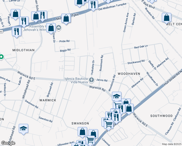 map of restaurants, bars, coffee shops, grocery stores, and more near 724 Yorkshire Drive in Richmond