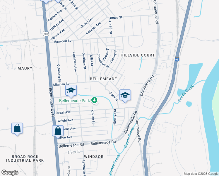 map of restaurants, bars, coffee shops, grocery stores, and more near 1617 Gunn Street in Richmond