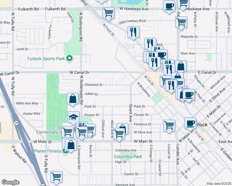 map of restaurants, bars, coffee shops, grocery stores, and more near 723 Julian Street in Turlock