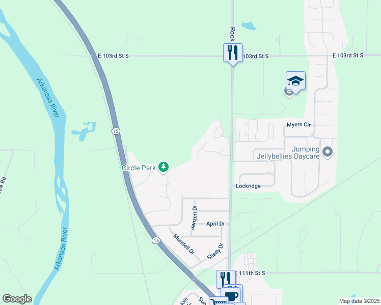 map of restaurants, bars, coffee shops, grocery stores, and more near 1709 North Timbercreek Drive in Mulvane