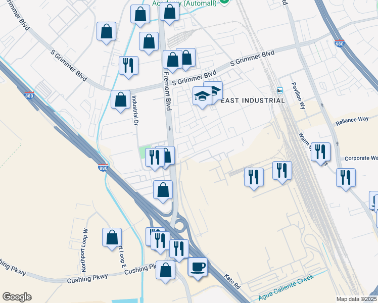 map of restaurants, bars, coffee shops, grocery stores, and more near in Fremont