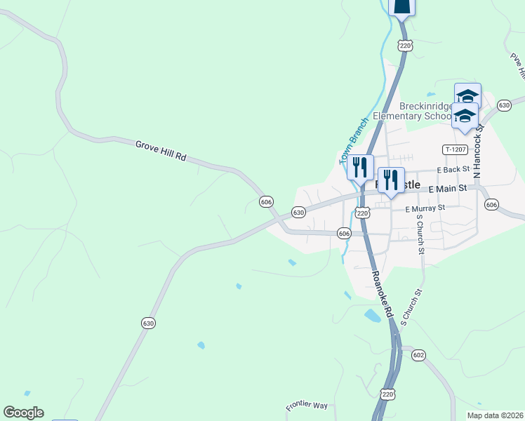 map of restaurants, bars, coffee shops, grocery stores, and more near 1-89 Grove Hill Rd in Fincastle