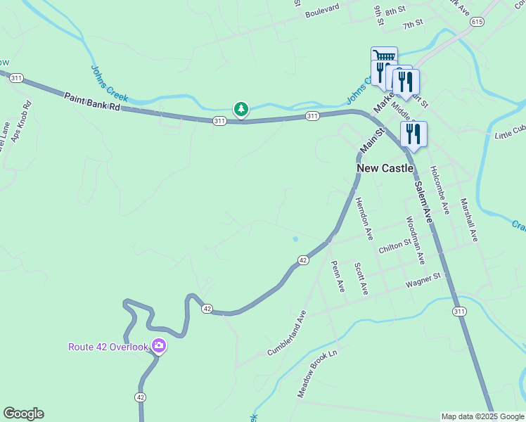 map of restaurants, bars, coffee shops, grocery stores, and more near 267 Yoder Street in New Castle