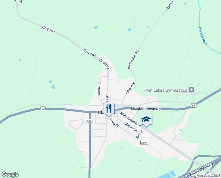 map of restaurants, bars, coffee shops, grocery stores, and more near 201-299 North Patterson Street in Clarkson