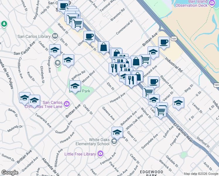 map of restaurants, bars, coffee shops, grocery stores, and more near 1172 Elm Street in San Carlos