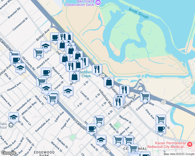 map of restaurants, bars, coffee shops, grocery stores, and more near 1 Circle Star Way in San Carlos