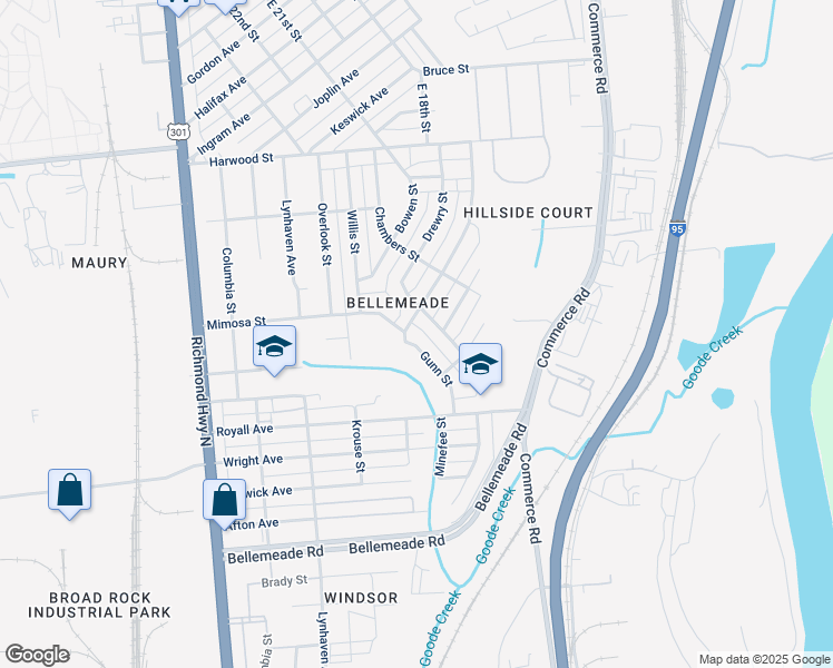 map of restaurants, bars, coffee shops, grocery stores, and more near 1619 Gunn Street in Richmond