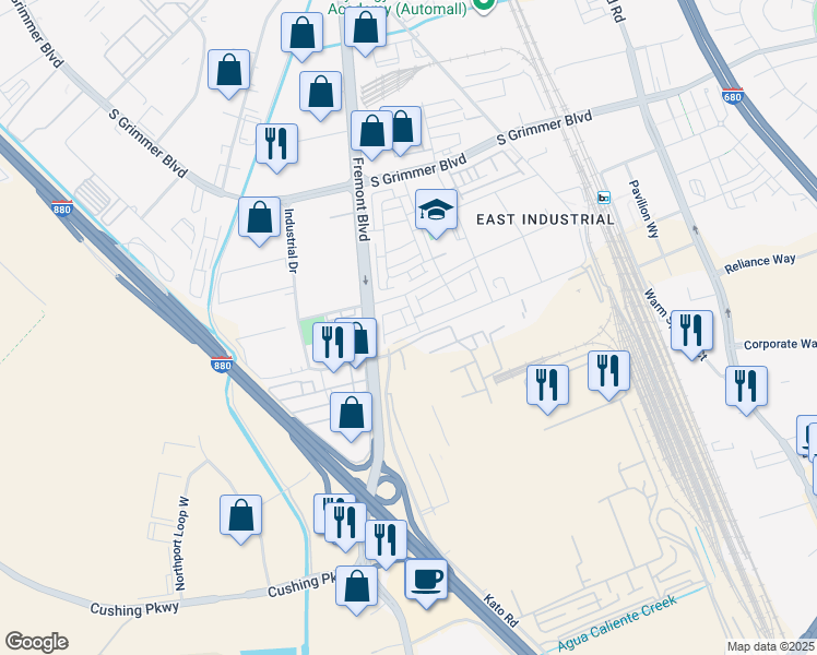 map of restaurants, bars, coffee shops, grocery stores, and more near Ambition Street in Fremont