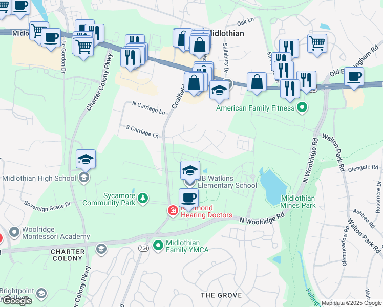 map of restaurants, bars, coffee shops, grocery stores, and more near 13749 Village Ridge Drive in Midlothian