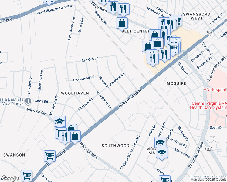 map of restaurants, bars, coffee shops, grocery stores, and more near 1017 Shelby Drive in Richmond