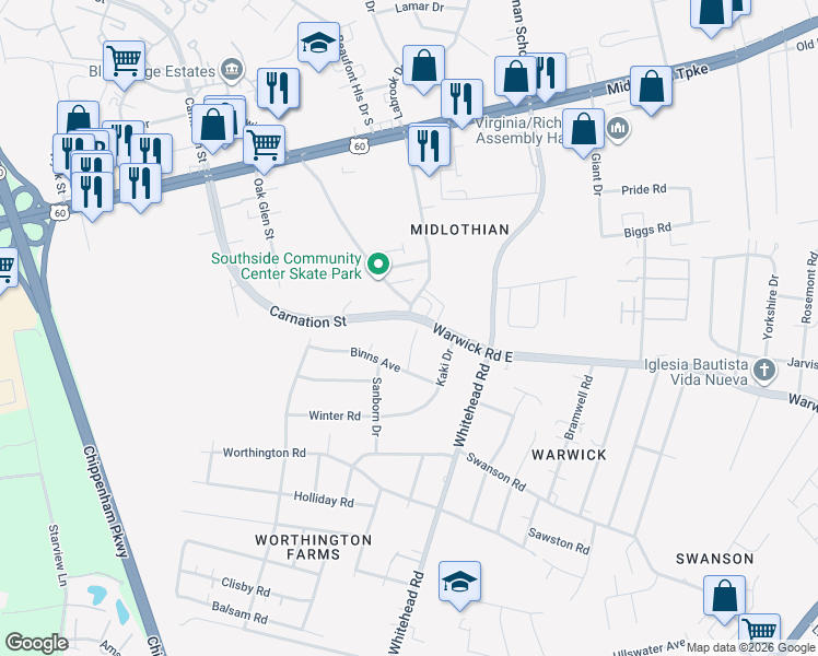 map of restaurants, bars, coffee shops, grocery stores, and more near 6201 Warwick Road in Richmond