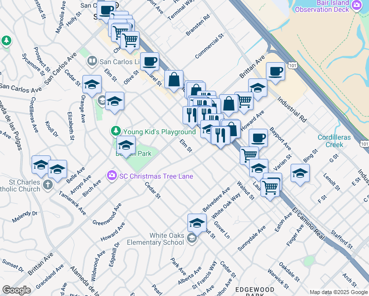 map of restaurants, bars, coffee shops, grocery stores, and more near 1172 Elm Street in San Carlos